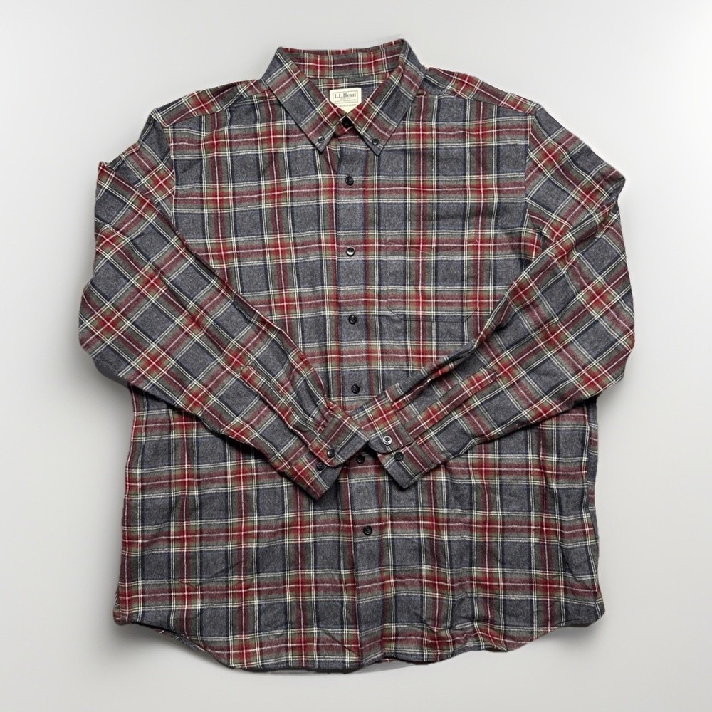 LL Bean Scotch Plaid Flannel Shirt Mens XL Traditional Fit 228061 Gray Green Red